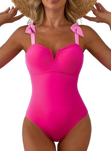Aleumdr 2026 Women's One Piece Bathing Suit Color Block Swimsuit Tummy Control Swimwear V Neck Adjustable Straps Monokini Slimming Modest Swimwear Rose Red Medium - Image 1