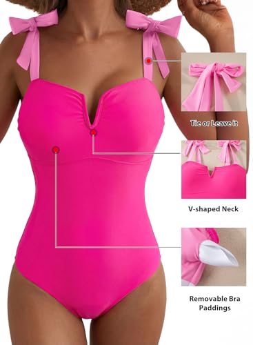 Aleumdr 2026 Women's One Piece Bathing Suit Color Block Swimsuit Tummy Control Swimwear V Neck Adjustable Straps Monokini Slimming Modest Swimwear Rose Red Medium - Image 5