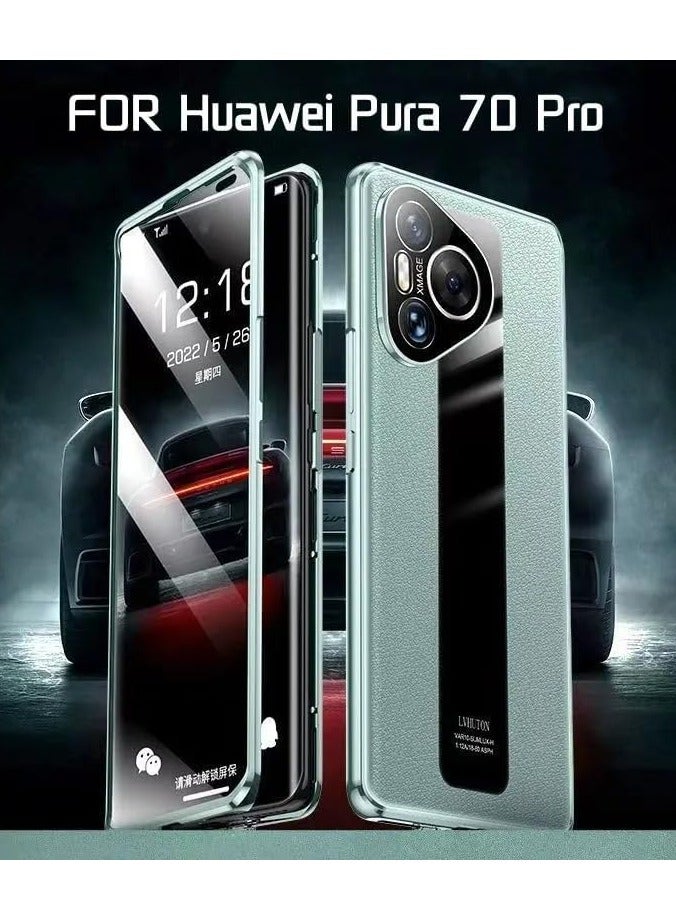 general For Huawei Pura 70 Pro Plain Leather Full Shell Front Glass Back Leather Magnetic Shell Ultra Thin Anti Drop Metal Protective Case - Image 2