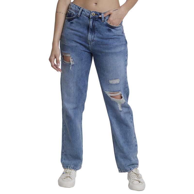 Spykar Women Light Blue Cotton Straight Fit Regular Length Low Distressed Jeans -(Bella) - Image 1