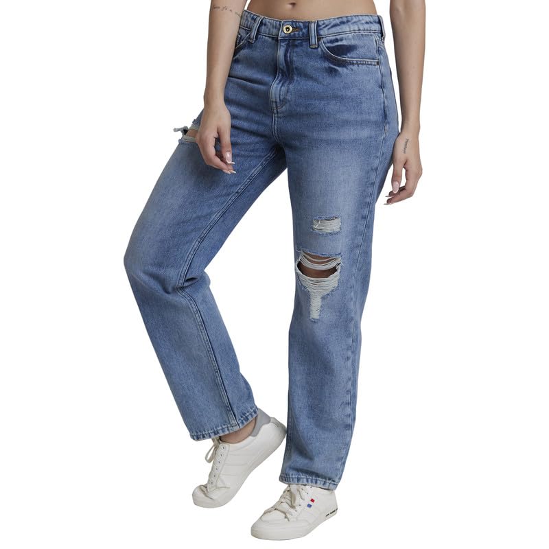 Spykar Women Light Blue Cotton Straight Fit Regular Length Low Distressed Jeans -(Bella) - Image 4
