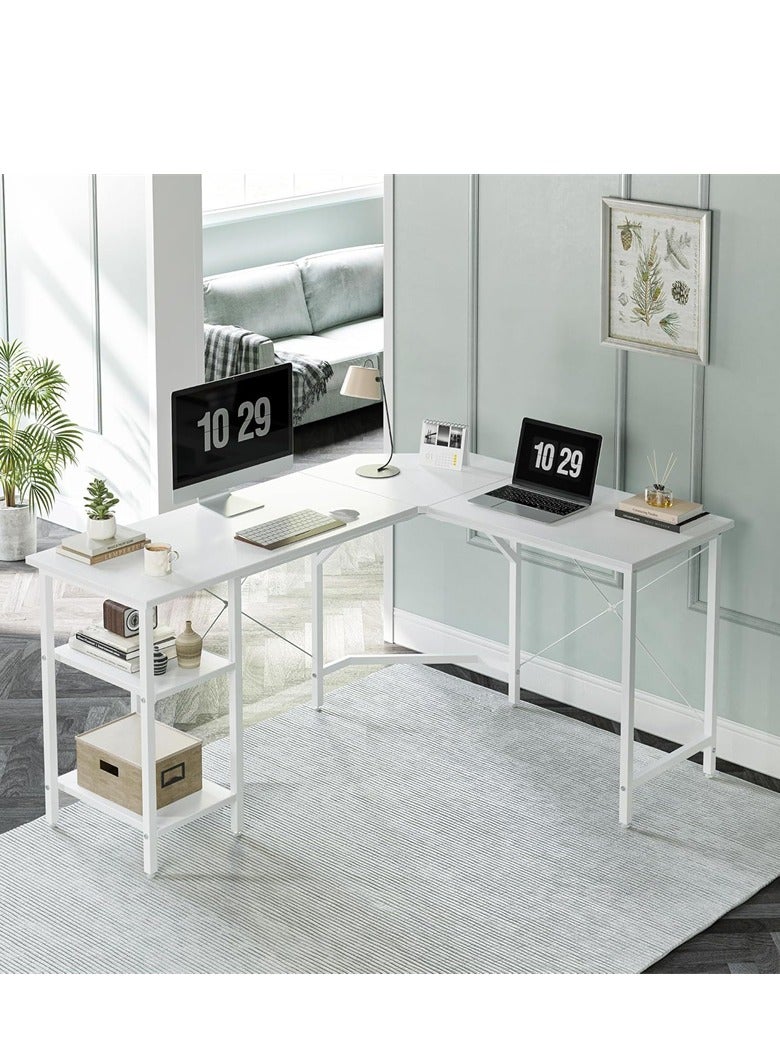 Generic L-Shaped Computer Desk, Industrial Office Corner Desk Writing Study Table with Storage Shelves, Space-Saving, White - Image 1