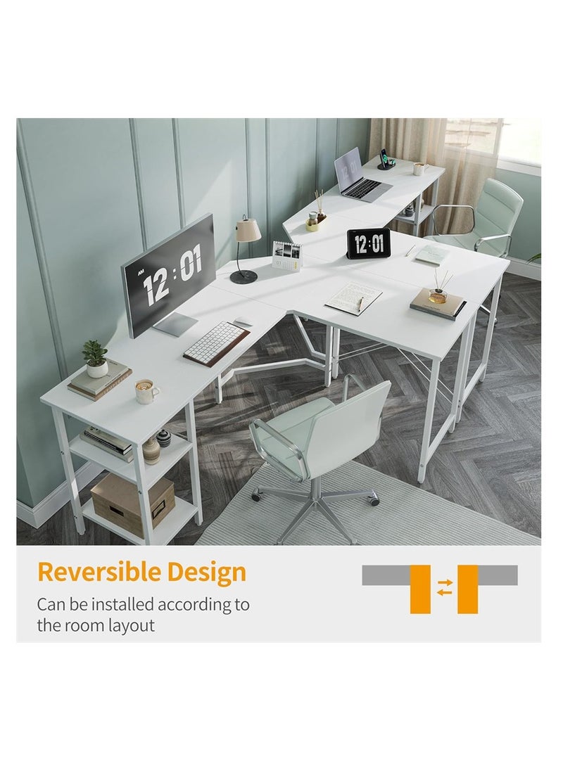 Generic L-Shaped Computer Desk, Industrial Office Corner Desk Writing Study Table with Storage Shelves, Space-Saving, White - Image 2