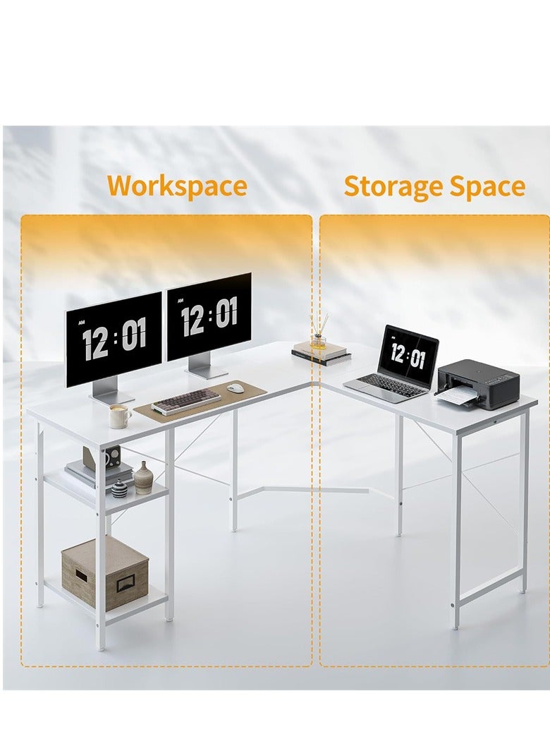 Generic L-Shaped Computer Desk, Industrial Office Corner Desk Writing Study Table with Storage Shelves, Space-Saving, White - Image 3