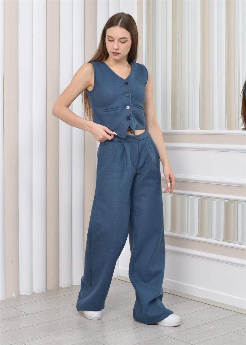 Nuseel Women's Cashmere Trousers & Vest Winter Double Suit Navy Blue  - Image 2
