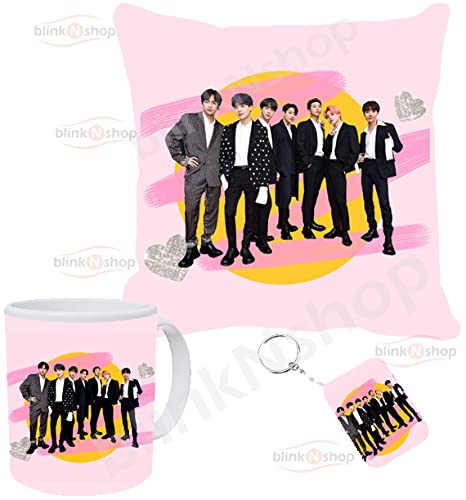 blinkNshop blinkNshop BTS Cushion Cover with Filler Combo 12 X 12 Inch Coffee Mug and Keyring Gift for Friends Birthday Kids Brother Sister  - Image 1