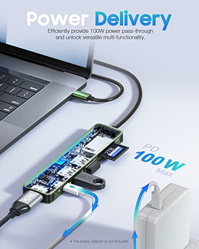 Hiearcool محور USB C من Hiearcool، محول USB-C، 7 في 1 محول متعدد المنافذ USBC إلى HDMI متوافق مع Thunderbolt 3 4 MacBook Pro Air Dell Lenovo HP لابتوبات وأجهزة Type C أخرى - أخضر - Image 3