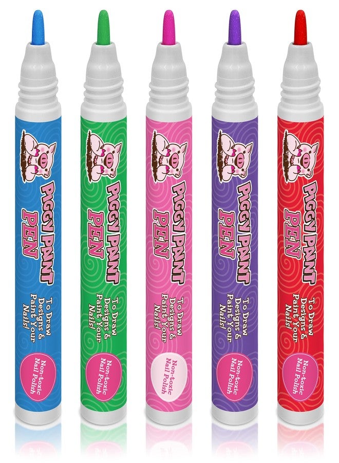 Piggy Paint | 100% Non-Toxic Girls Nail Polish Pen Marker | Safe, Cruelty-free, Vegan, & Low Odor for Kids | 5-pack Piggy Pen Bundle - Piggy PINK, PURPLE Power, Blazin' BLUE, Giggly GREEN, Razzle RED - Image 1