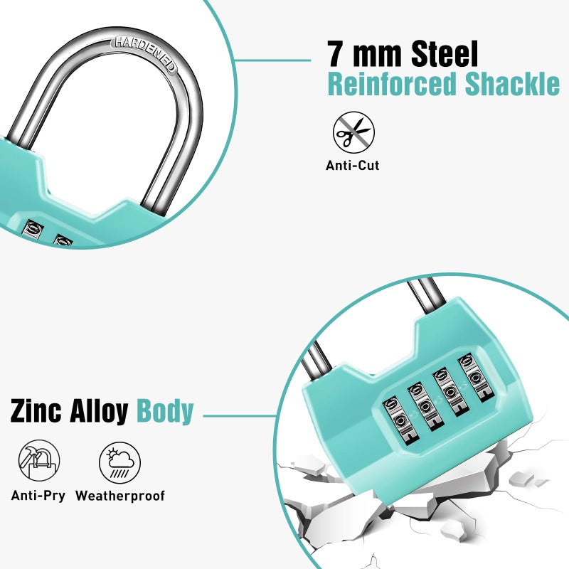 Disecu 1 Pack disecu 4-Digit Combination Lock, Waterproof Outdoor Padlock for School Gym Locker, Fence, Gate, Shed, Storage Unit (Turquoise) - Image 4