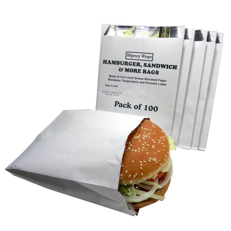 Regency Wraps Grease Resistant Snack Serving Bags Foil Lined Pack of 100 For Burgers Sandwiches Paninis Pitas Insulated to Keep food Warm