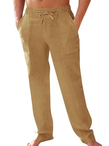 PASLTER Men's Cotton Linen Pants Elastic Waist Drawstring Casual Trouser Lightweight Straight-Legs Loose Beach Yoga Pants Khaki - Image 1