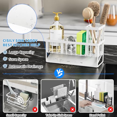 Cisily Sink Caddy Sponge Holder for Kitchen Sink, 304 Stainless Steel Rustproof, Kitchen Sink Caddy with High Brush Holder, Kitchen Sink Organzier Dish Sponge Organizer with Divider(White) - Image 2