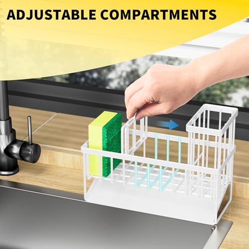 Cisily Sink Caddy Sponge Holder for Kitchen Sink, 304 Stainless Steel Rustproof, Kitchen Sink Caddy with High Brush Holder, Kitchen Sink Organzier Dish Sponge Organizer with Divider(White) - Image 5