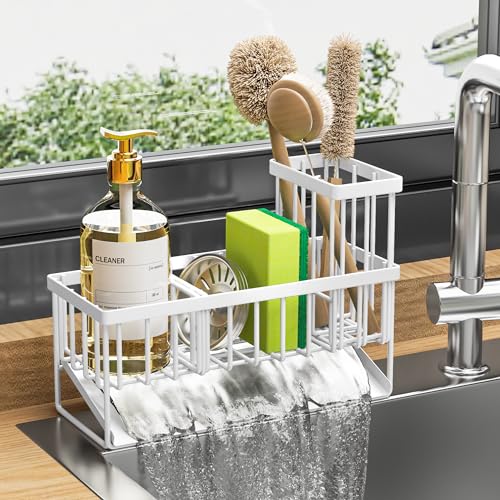 Cisily Sink Caddy Sponge Holder for Kitchen Sink, 304 Stainless Steel Rustproof, Kitchen Sink Caddy with High Brush Holder, Kitchen Sink Organzier Dish Sponge Organizer with Divider(White) - Image 1