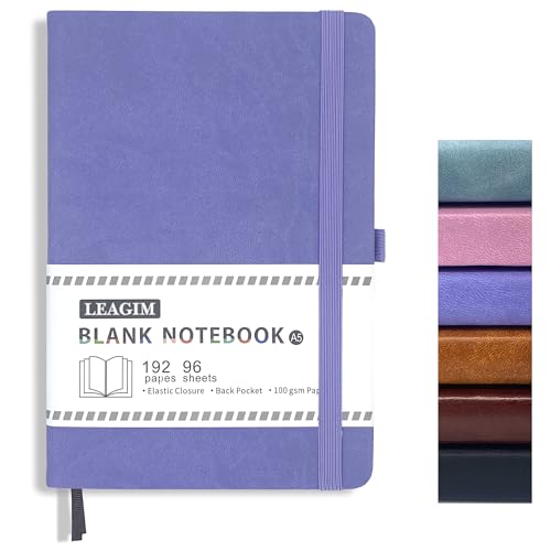 LEAGIM Blank Journal Notebook, A5, 192 Pages 100 GSM Thick Sketch Book for Women Men, Hardcover Leather Unlined Journaling for Work, Notebooks for Writing, 5.8 inches x 8.5 inches (Purple) - Image 1