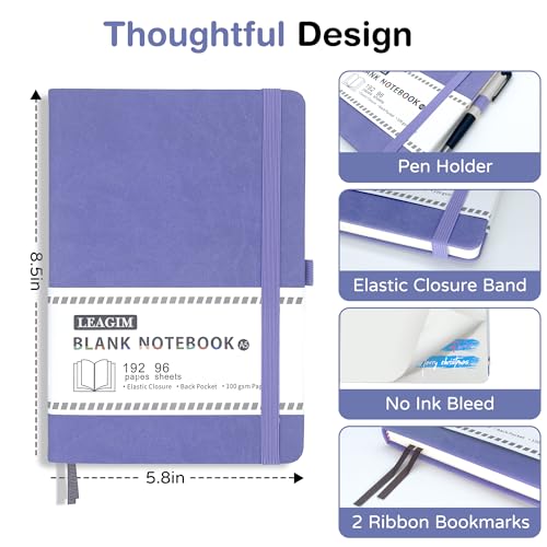 LEAGIM Blank Journal Notebook, A5, 192 Pages 100 GSM Thick Sketch Book for Women Men, Hardcover Leather Unlined Journaling for Work, Notebooks for Writing, 5.8 inches x 8.5 inches (Purple) - Image 3