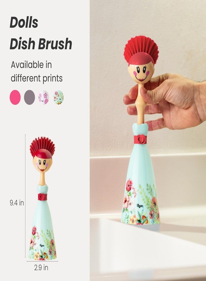 Vigar Dolls Dish Brush with Ergonomic Handle and Dres-shaped Storage Holder - Scrub Brush for Pans, Pots, Kitchen Sink Cleaning, Blue/Pink - Image 2