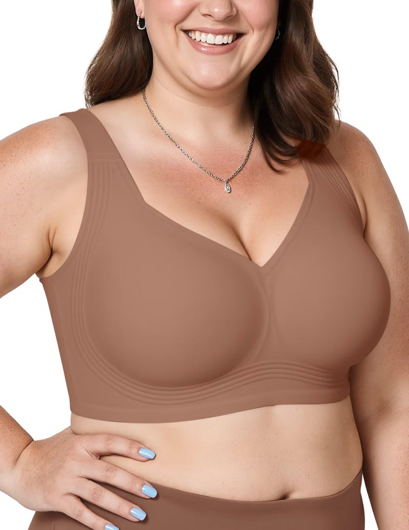 Vertvie Jelly Bras for Women Plus Size Minimizer Soft Wireless Push Up Bra Full Supportive Older Lift Back Coverage Bralette(Coffee,36DDD) - Image 1