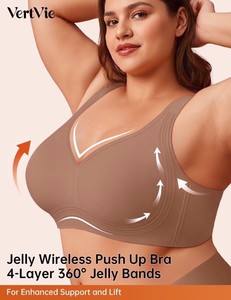 Vertvie Jelly Bras for Women Plus Size Minimizer Soft Wireless Push Up Bra Full Supportive Older Lift Back Coverage Bralette(Coffee,36DDD) - Image 2