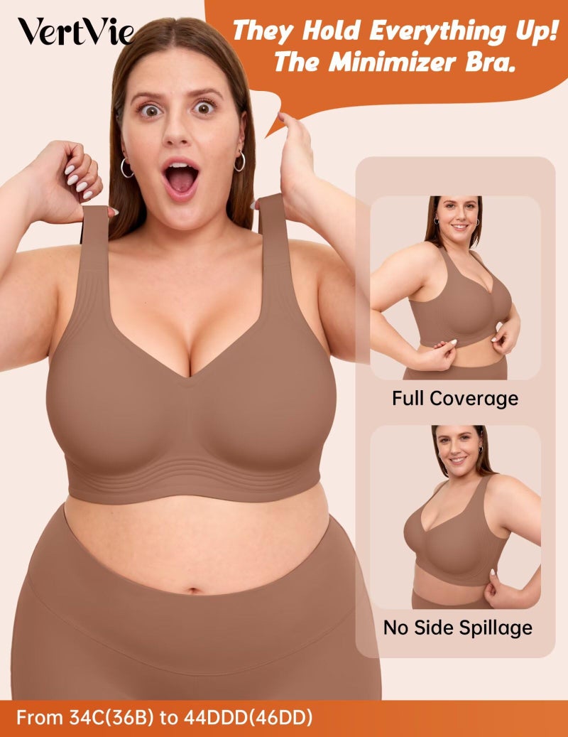Vertvie Jelly Bras for Women Plus Size Minimizer Soft Wireless Push Up Bra Full Supportive Older Lift Back Coverage Bralette(Coffee,36DDD) - Image 3
