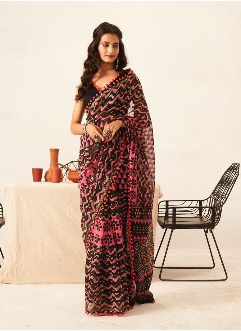 Dark Red Maroon Color Saree With Print And Unstitched Blouse Piece