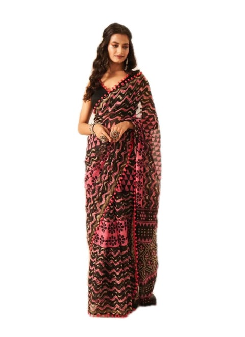Dark Red Maroon Color Saree With Print And Unstitched Blouse Piece