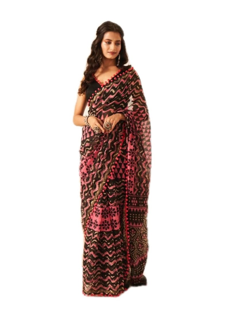 Dark Red Maroon Color Saree With Print And Unstitched Blouse Piece