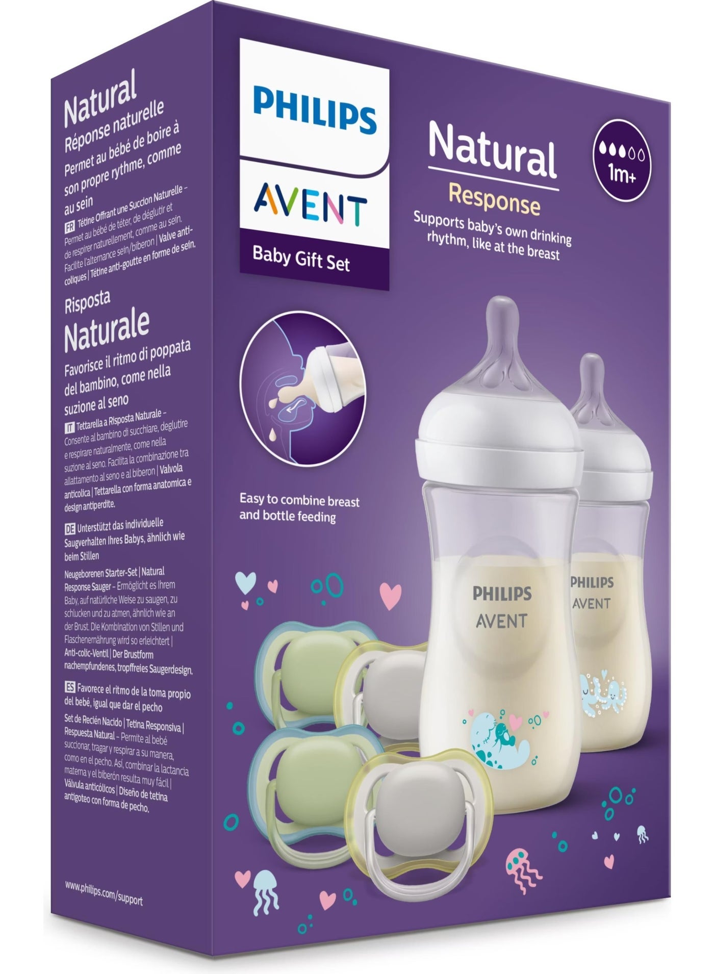 Philips Avent Natural Response Baby Gift Set: 2 Natural Response Baby Bottles 260 ml with T3 (1 m+ Teats), 4 Ultra Air Soothers (Model SCD837/13)