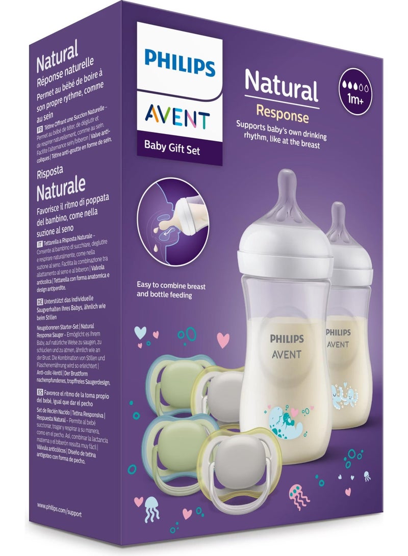 Philips Avent Natural Response Baby Gift Set: 2 Natural Response Baby Bottles 260 ml with T3 (1 m+ Teats), 4 Ultra Air Soothers (Model SCD837/13) - Image 1