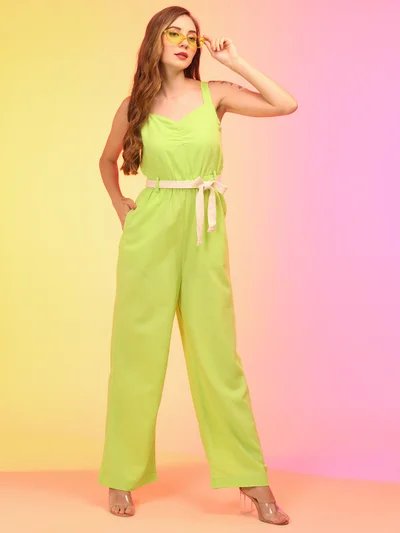 globus Women Sweetheart Neck Shoulder Straps Smocked Waist Tie-Ups Jumpsuit