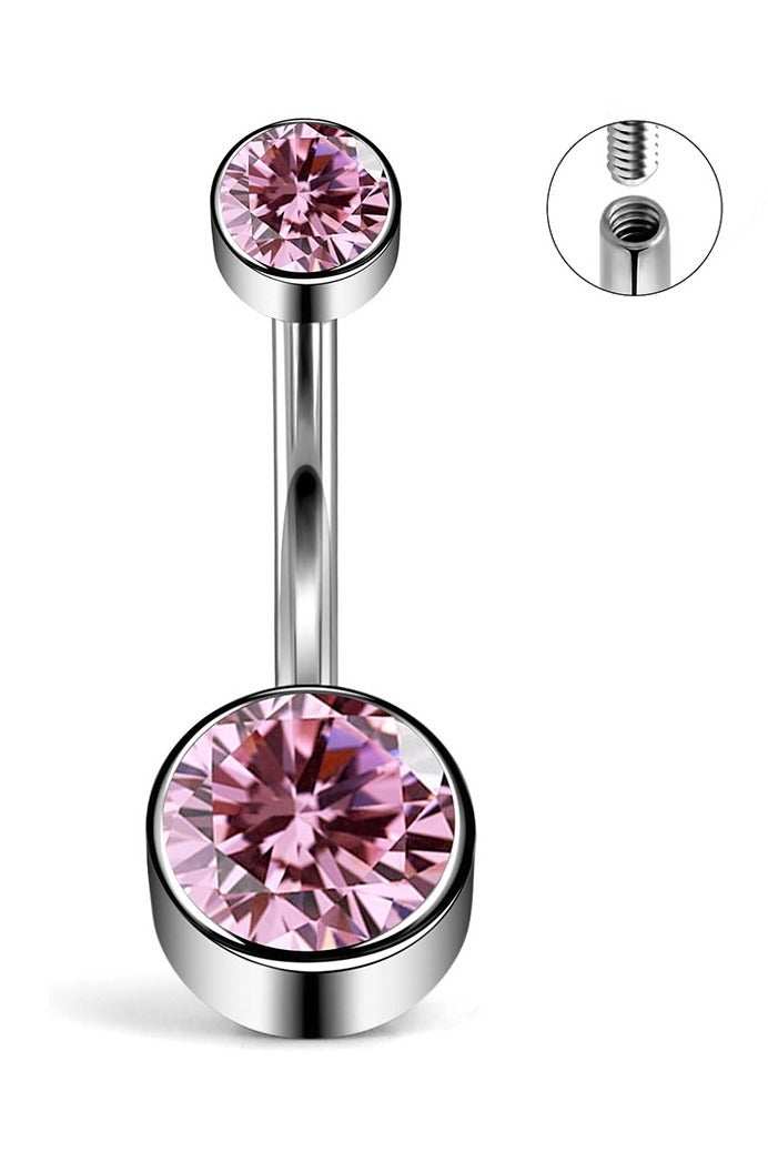 إينوشا إبرة سرة أنيقة من التيتانيوم الفضي المقاوم للحساسية مرصعة بكريستال زركون وردي - 14 ملم - Image 2