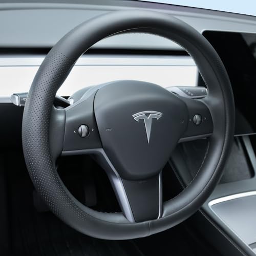 Uxcer Nappa Leather Steering Wheel Cover for Tesla Model 3Y 20162025 2026 JuniperHighland NonSlip Breathable Tesla Model 3Y Steering Wheel Protector Black