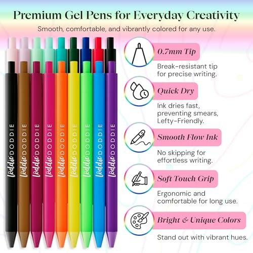 Loddie Doddie Retractable Gel Pens with Satin Barrel - Fine Point - 18 Bright Color Pens for Bullet Style Journals, Notebooks, Planners, Calendars, Notes & Drawing, Use at Home, Office, School, Crafts - Image 2
