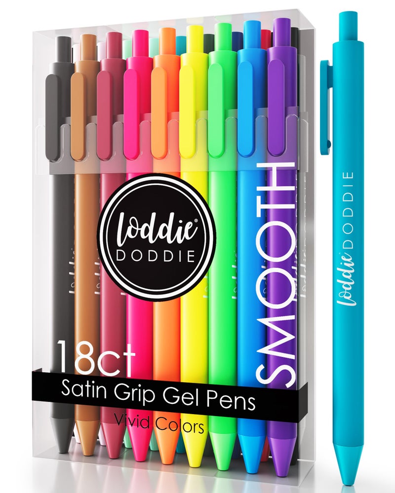 Loddie Doddie Retractable Gel Pens with Satin Barrel - Fine Point - 18 Bright Color Pens for Bullet Style Journals, Notebooks, Planners, Calendars, Notes & Drawing, Use at Home, Office, School, Crafts - Image 1