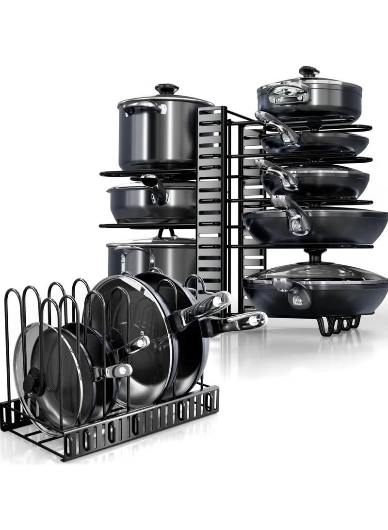 O2. Adjustable Pot and Pan Organizer Rack for Cabinet – 8-Tier Cookware Holder with U-Shape Lid Slot & Non-Slip Protection - Image 2