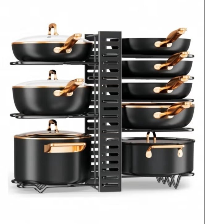 O2. Adjustable Pot and Pan Organizer Rack for Cabinet – 8-Tier Cookware Holder with U-Shape Lid Slot & Non-Slip Protection - Image 3