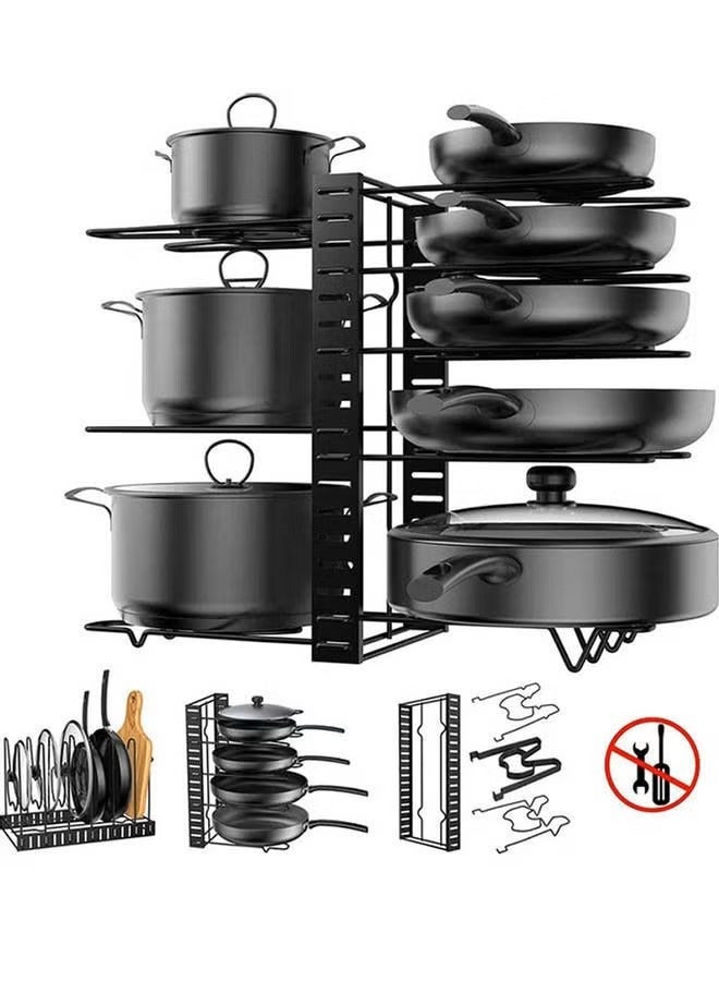 O2. 3-in-1 Adjustable Pot and Pan Organizer Rack for Cabinet, 8-Tier Cookware Holder with U-Shape Lid Slots, Non-Slip Protection, Rust-Resistant Kitchen Storage Rack for Pots, Pans, Lids and Bakeware - Image 1
