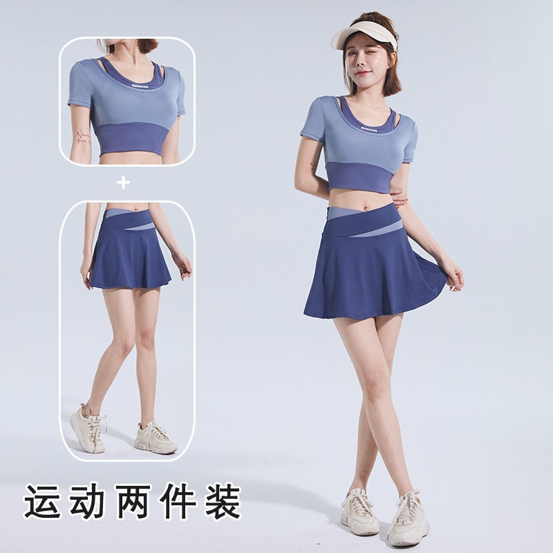 Generic Color-Block Quick-Dry Yoga Fitness Suit Grey Lake Blue [short sleeve] + fragrant whale blue [short skirt]]