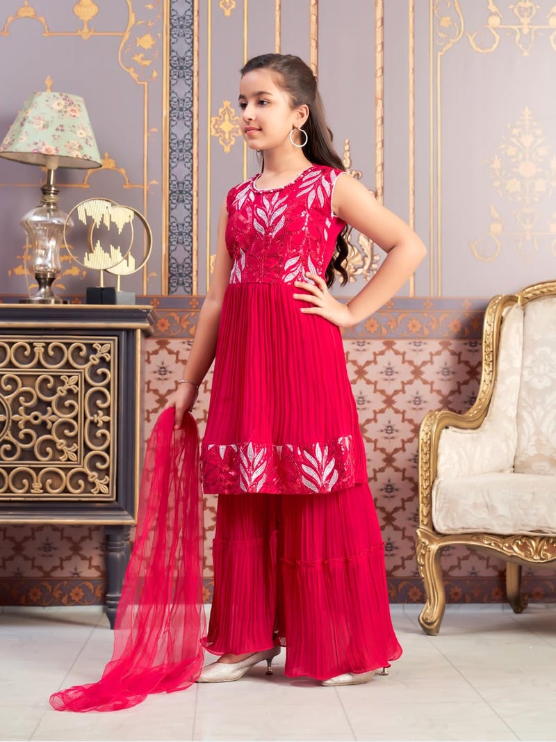 aarikka Aarika Girls Ethnic Wear Rani Colour Sequin Thread Embroidery Georgette Kurti Sharara Set (4-15 Years) - Image 3
