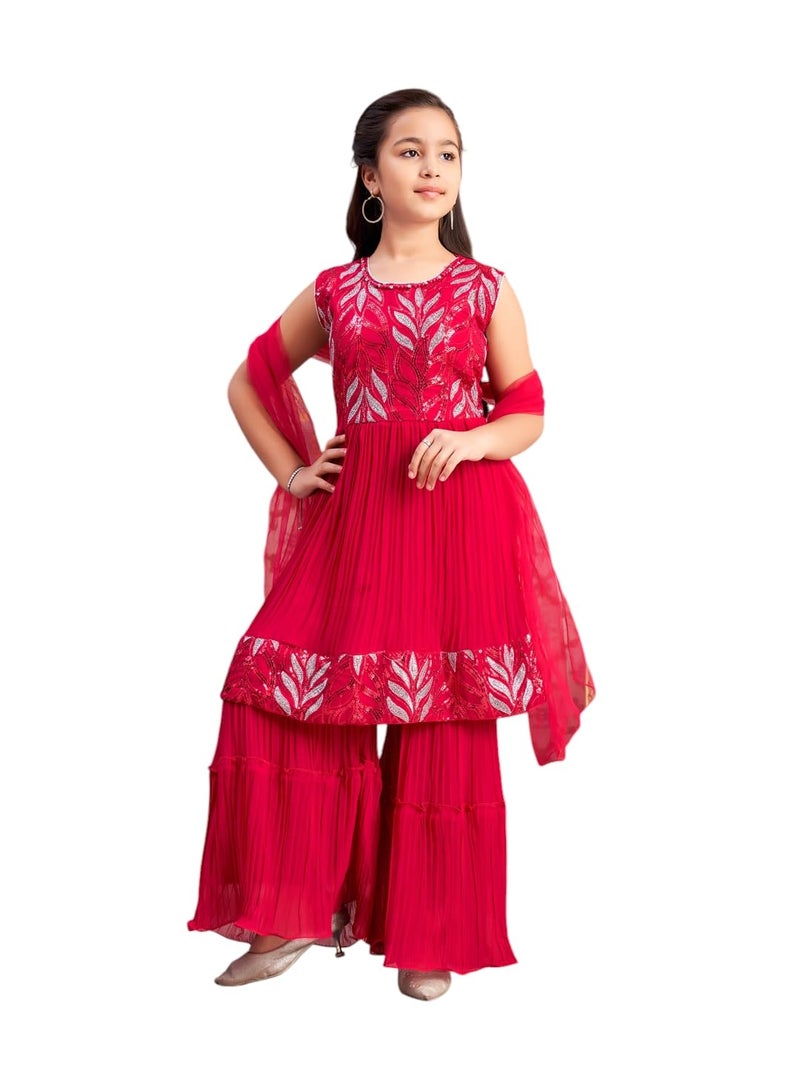 aarikka Aarika Girls Ethnic Wear Rani Colour Sequin Thread Embroidery Georgette Kurti Sharara Set (4-15 Years) - Image 1