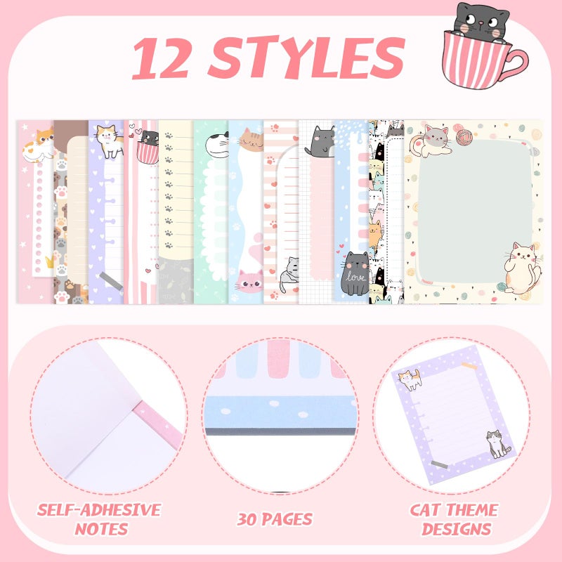 Chiisong 12 Pieces Cats Sticky Notes Cute Cat Gift Self Stick Notepads 3x4 Inch Kawaii Memo Notes for Animal Lover Cartoon Animal to Do List for Office Home Supplies Roommates Gift - Image 3