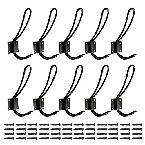 OUSHINAN Rustic Entryway Hooks | 10 Pack of Black Wall Mounted Vintage Double Coat Hangers with Large Metal Screws Included - Image 1