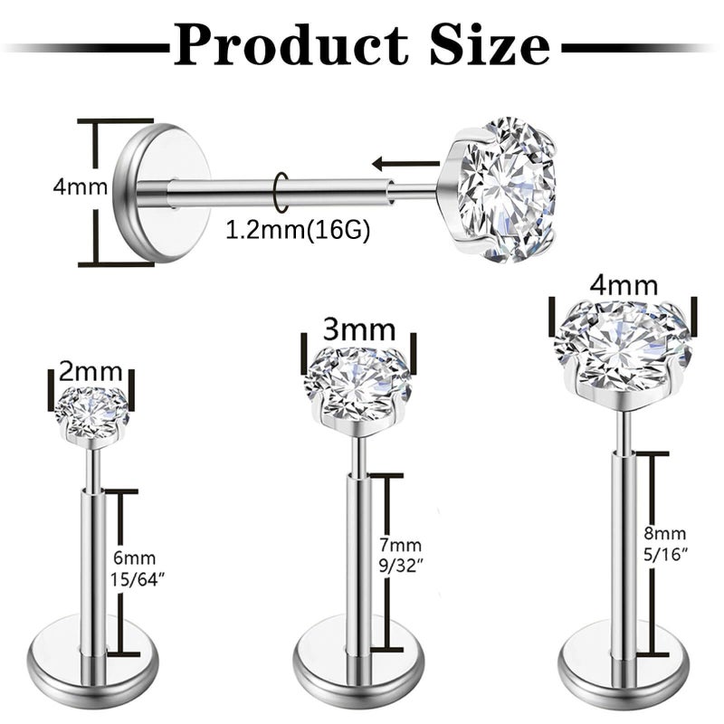 Gotumo 16G Flat Back Earrings Stud G23 Titanium Threadless Tragus Labret Cartilage Lip Medusa Conch Body Piercing Jewelry Hypoallergenic for Women Men(Silver) - Image 2