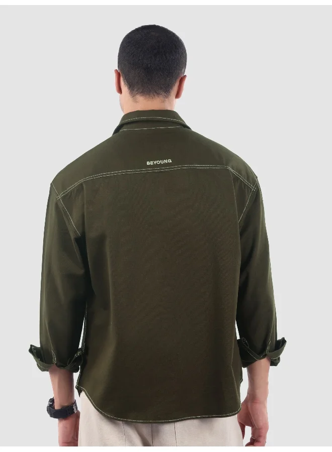 Beyoung Army Green Dual Pocket Contrast Stitch Shirt