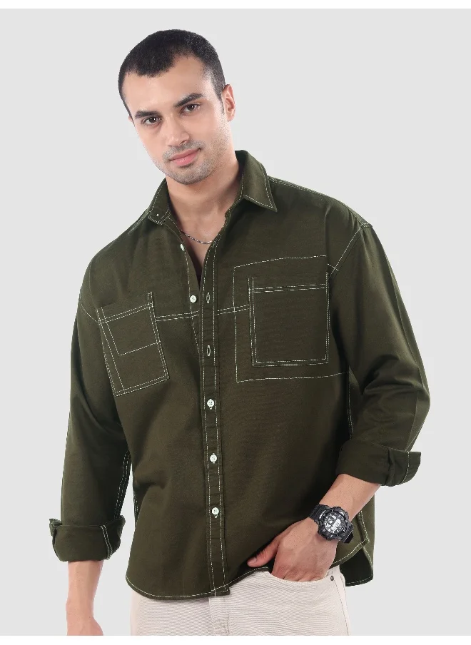 Beyoung Army Green Dual Pocket Contrast Stitch Shirt