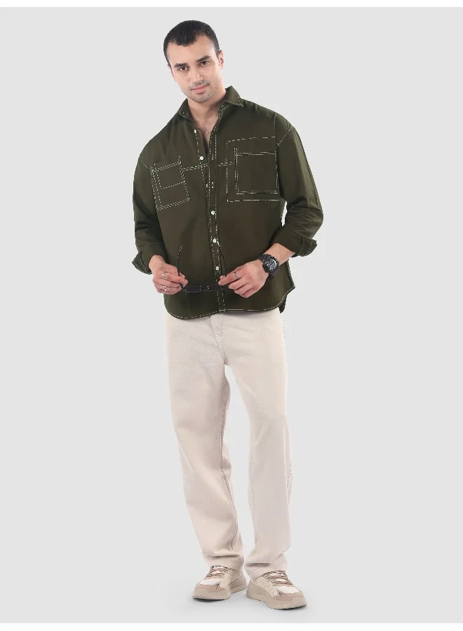 Beyoung Army Green Dual Pocket Contrast Stitch Shirt