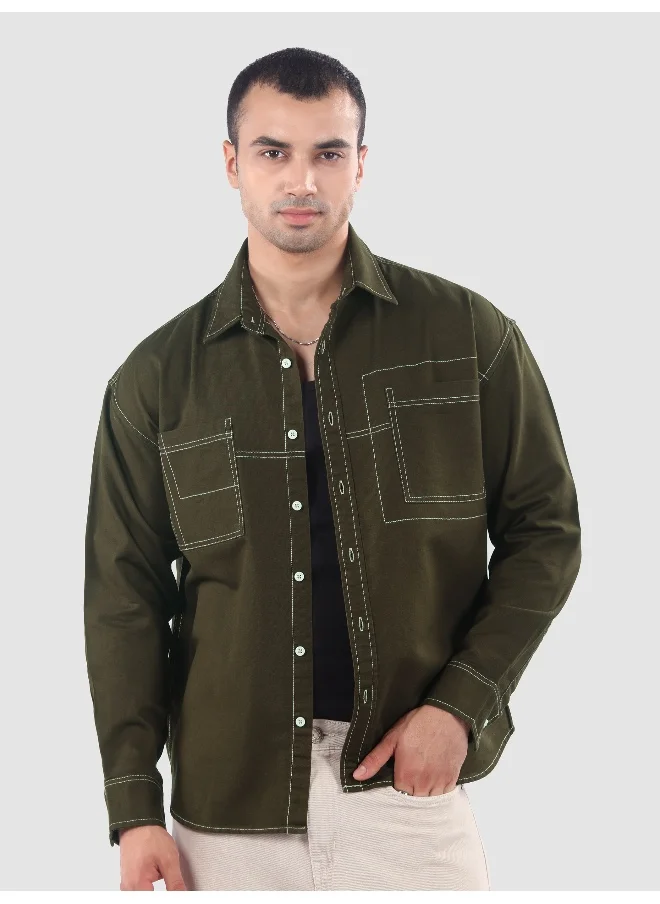 Beyoung Army Green Dual Pocket Contrast Stitch Shirt