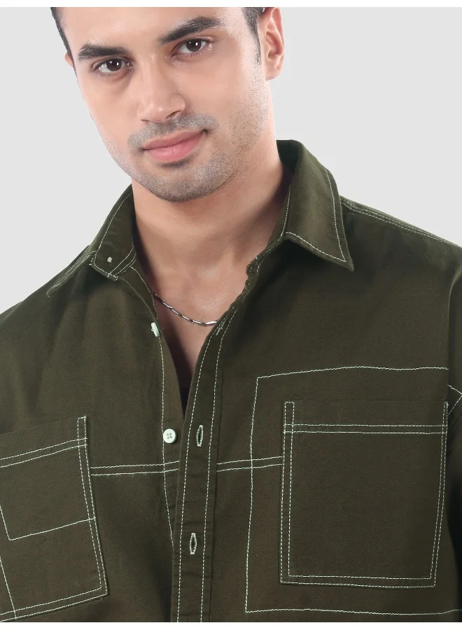 Beyoung Army Green Dual Pocket Contrast Stitch Shirt