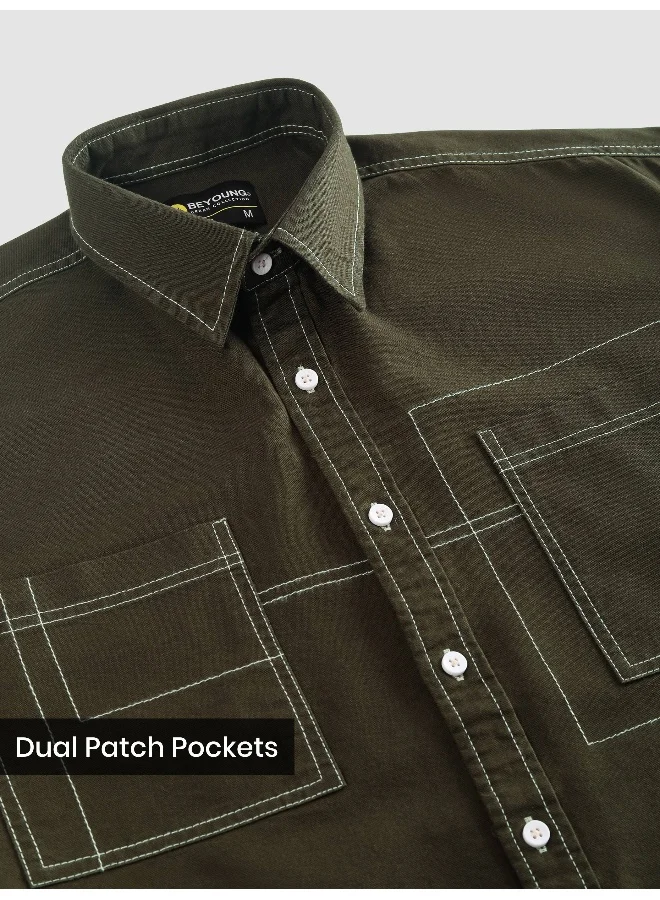Beyoung Army Green Dual Pocket Contrast Stitch Shirt