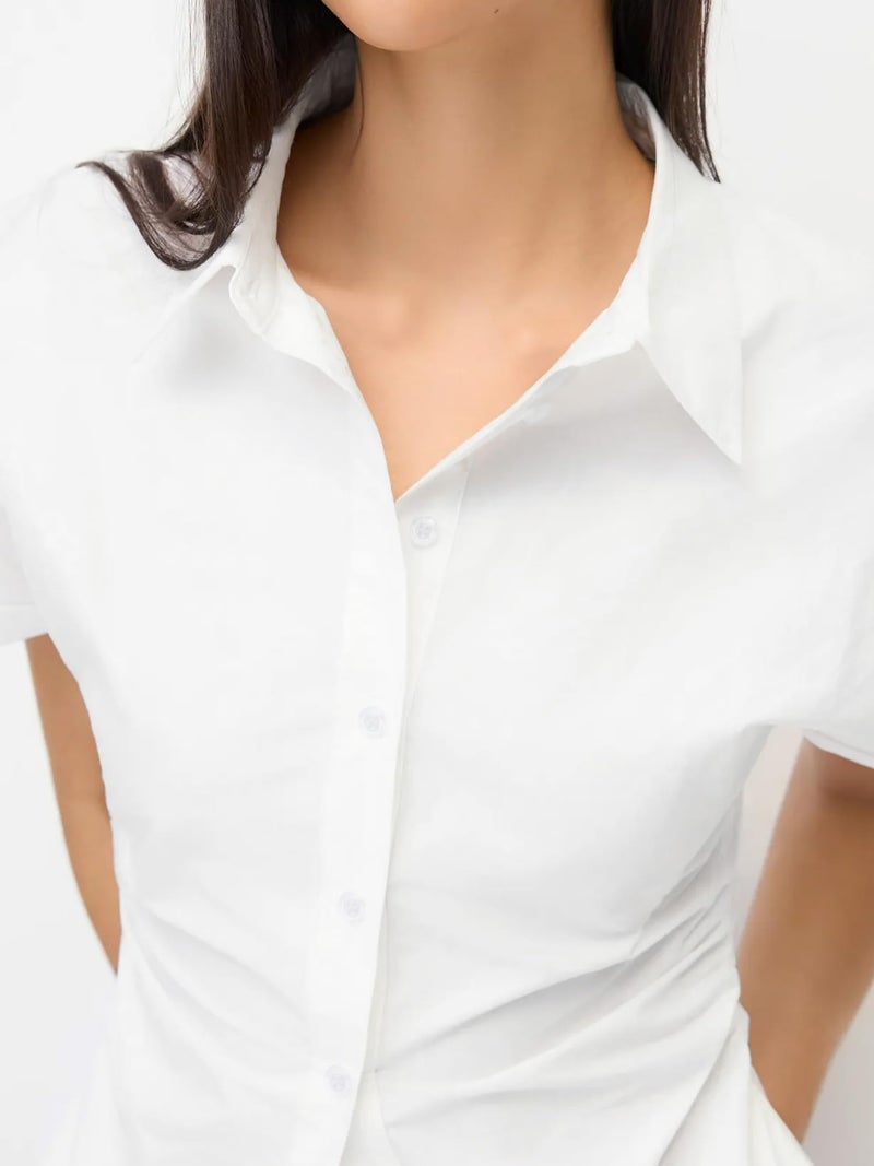 SUNNOW Women's Button Down Shirt Casual Short Sleeve Ruched Blouse Work Top, Stylish Office & Casual Shirt (US, Alpha, Medium, Regular, Regular, White) - Image 2